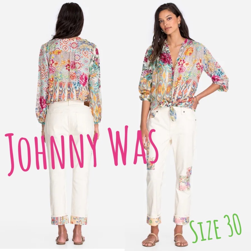 JOHNNY WAS DREAMER PATCHWORK CROPPED BOYFRIEND JEANS SIZE 30 (LIKE NEW)